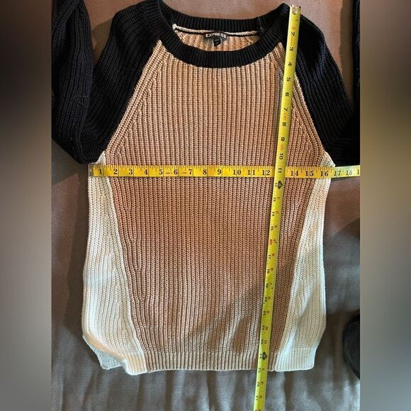 Express Brown black cream color block knit sweater cotton blend sz S crew neck - Picture 7 of 10